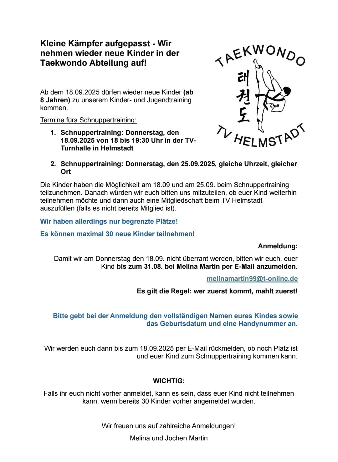 Kleine Kämpfer aufgepasst - TKD Abteilung nimmer wieder Kinder auf